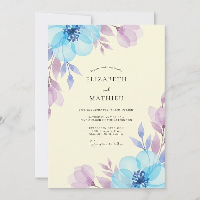 Cornflower Lilac Leafy Wedding Invitation (Front)