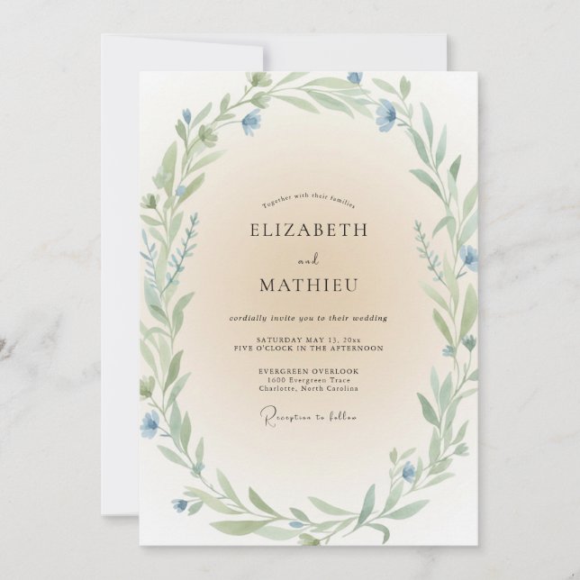 Cornflower Mint Leafy Wedding Invitation (Front)