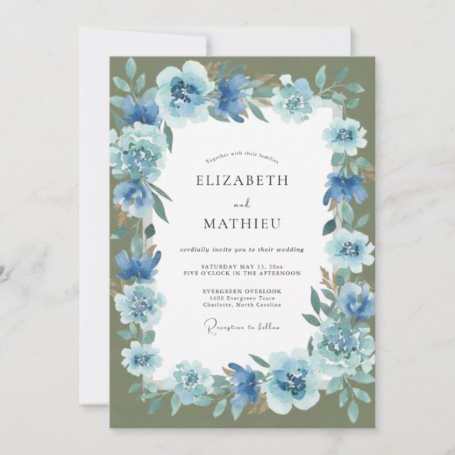 Cornflower Moss Hydrangea Wedding Invitation (Front)