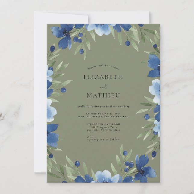 Cornflower Moss Leafy Wedding Invitation (Front)
