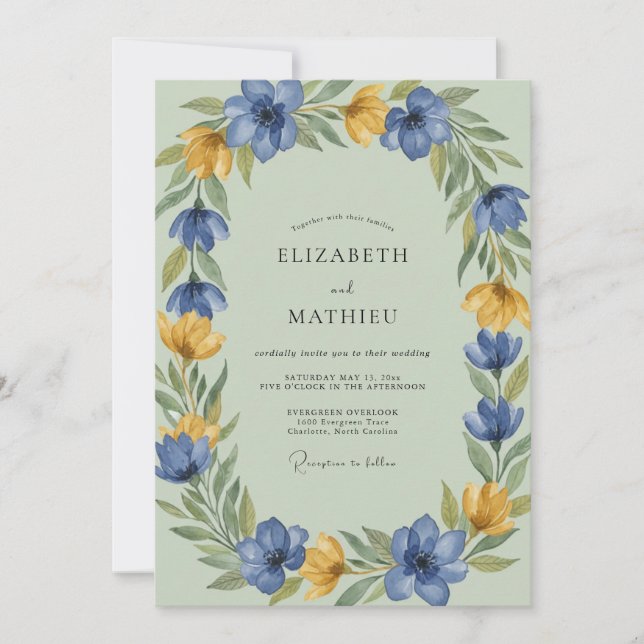 Cornflower Ochre Wreath Wedding Invitation (Front)