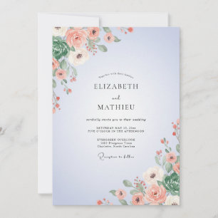 Cornflower Salmon Bouquet Eucalyptus Wedding Invitation
