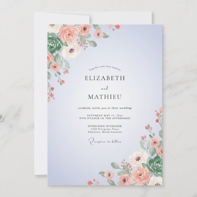 Cornflower Salmon Bouquet Eucalyptus Wedding Invitation (Front)