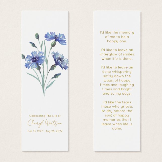Cornflower | Simple Memorial Mini Bookmark (Front & Back)