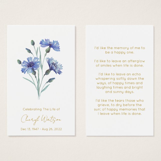 Cornflower | Simple Memorial Prayer Card (Front & Back)