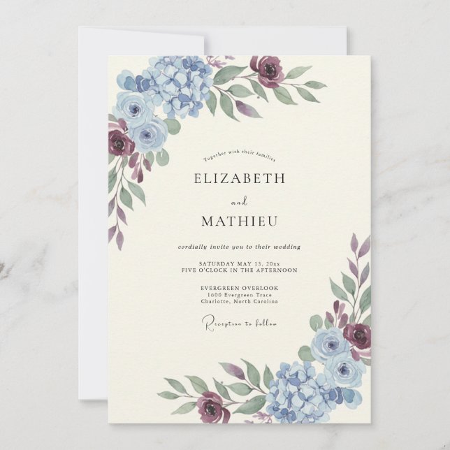 Cornflower Violet Hydrangea Eucalyptus Wedding Invitation (Front)