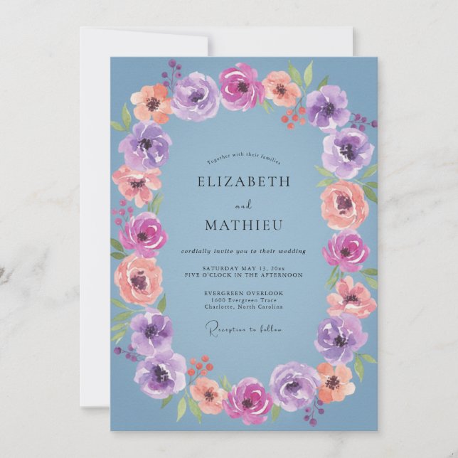 Cornflower Violet Ranunculus Eucalyptus Wedding Invitation (Front)