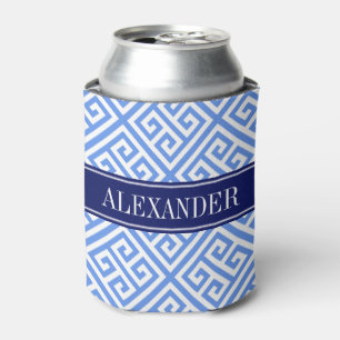 Cornflower Wht Greek Key Diag T Navy Name Monogram Can Cooler