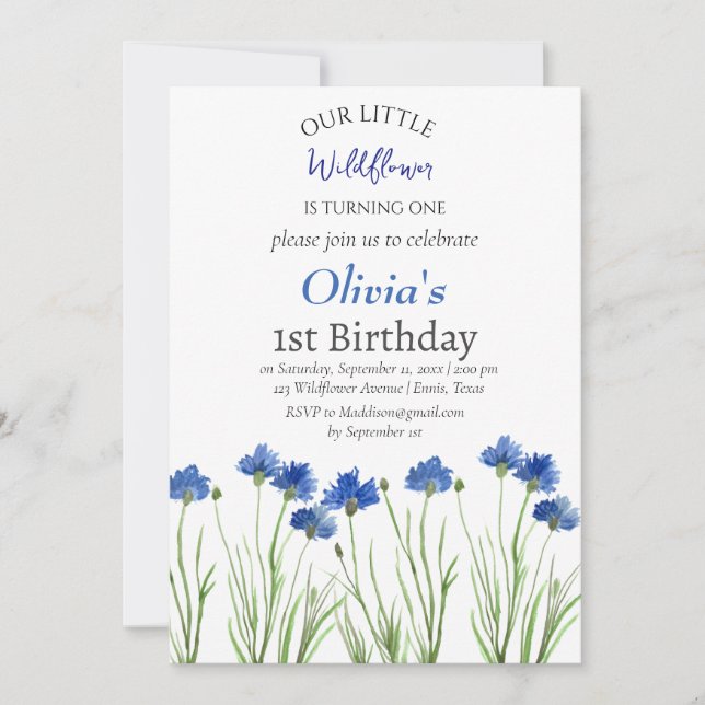 Cornflowers 1st First Birthday Girl Blue Floral  Invitation (Front)