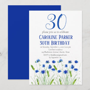 Cornflowers 30th Birthday Blue Floral Invitation