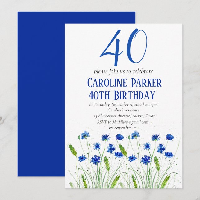 Cornflowers 40th Birthday Blue Floral Invitation (Front/Back)