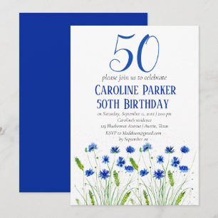 Cornflowers 50th Birthday Blue Floral Invitation