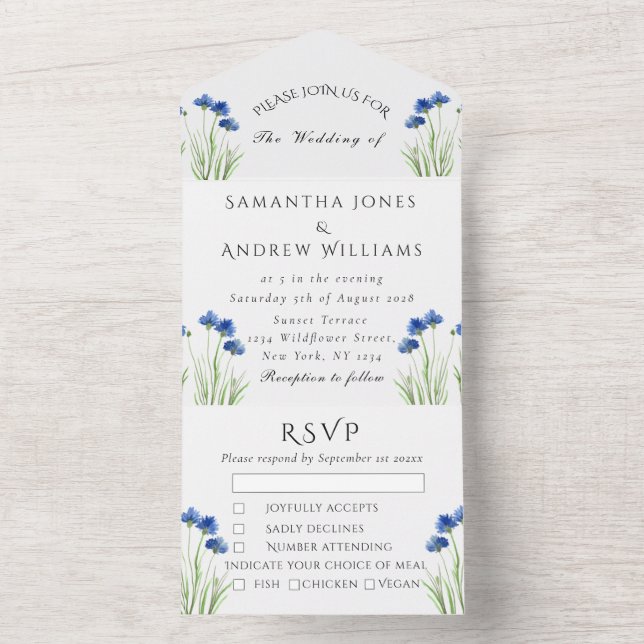 Cornflowers Blue Flowers Rustic Wildflower Wedding All In One Invitation (Inside)