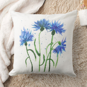 Cornflowers blue flowers watercolor rustic pretty cushion