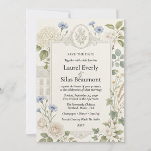 Cornflowers, Hydrangeas, Neutral Roses, Chamomile, Invitation