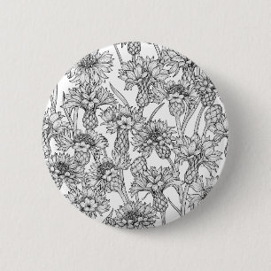 Cornflowers, wild flowers in black and white 6 cm round badge