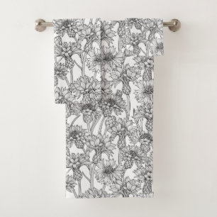 Cornflowers, wild flowers in black and white bath towel set