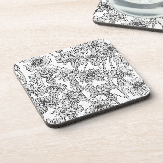Cornflowers, wild flowers in black and white coaster (Left Side)