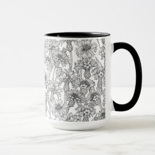 Cornflowers, wild flowers in black and white mug