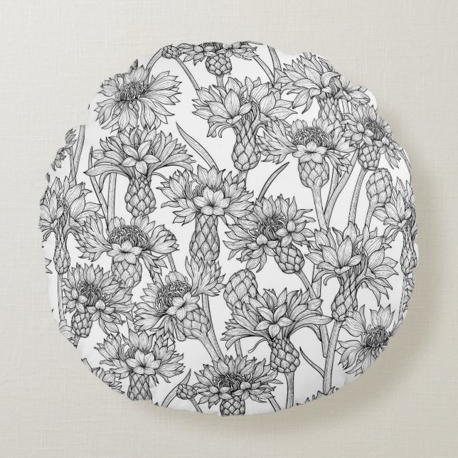 Cornflowers, wild flowers in black and white round cushion (Front)