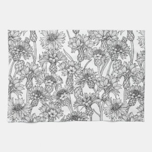 Cornflowers, wild flowers in black and white tea towel