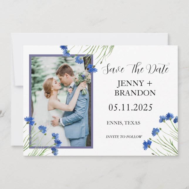 Cornflowers Wildflower Blue Floral Photo  Save The Date (Front)