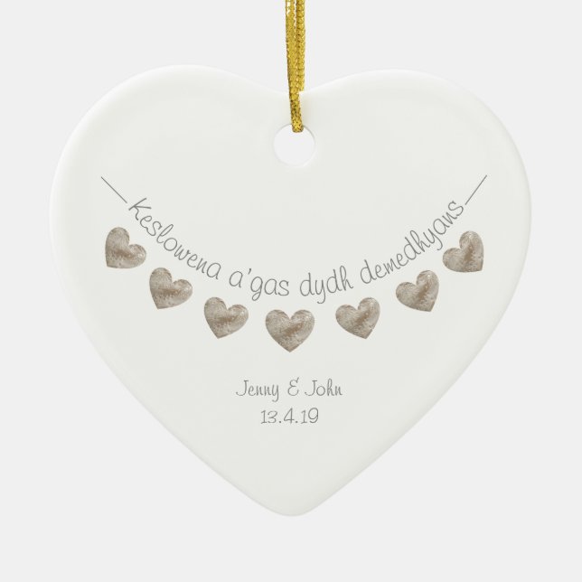 Cornish language personalised wedding gift ceramic tree decoration (Front)