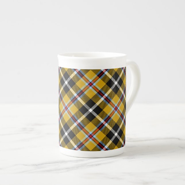 Cornish National Tartan Yellow and Black Plaid Bone China Mug (Front Right)
