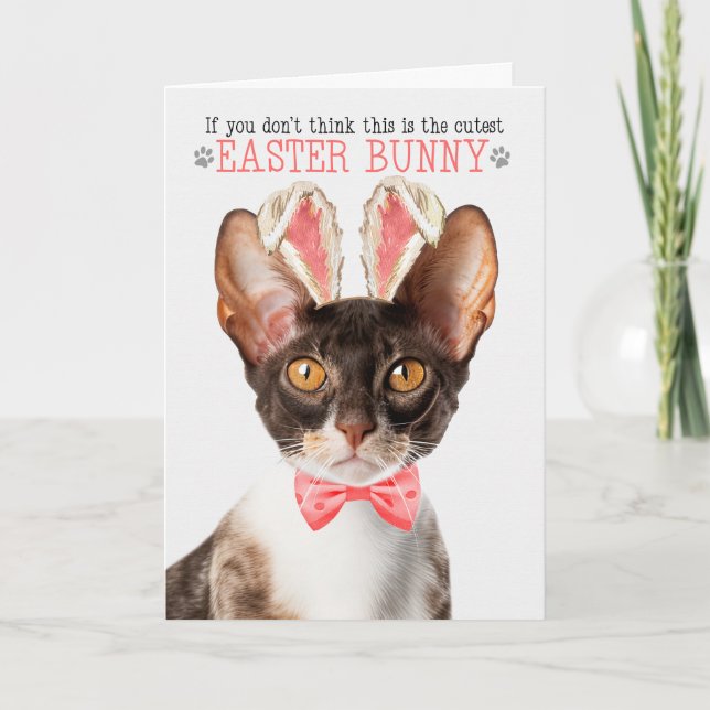 Cornish Rex Cat in Bunny Ears for Easter Holiday Card (Front)