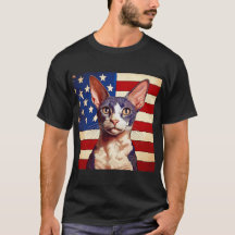 Cornish Rex Cat In Front Of American Flag