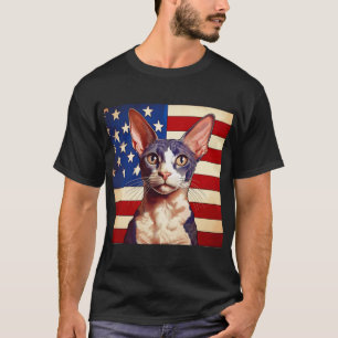Cornish Rex Cat In Front Of American Flag T-Shirt