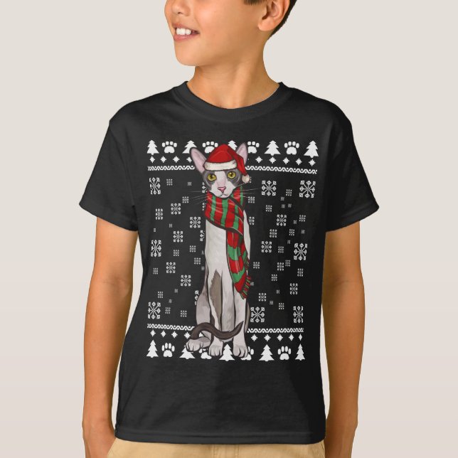 Cornish Rex Cat Santa Hat Xmas Ugly Christmas T-Shirt (Front)