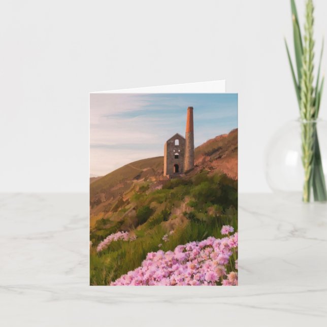 Cornish tin mine with sea pinks thank you card (Front)