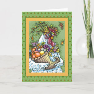CORNUCOPIA HEN, THANKSGIVING CHICKEN FALL HARVEST HOLIDAY CARD