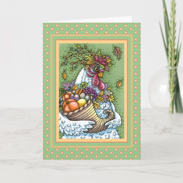 CORNUCOPIA HEN, THANKSGIVING CHICKEN FALL HARVEST HOLIDAY CARD (Front)