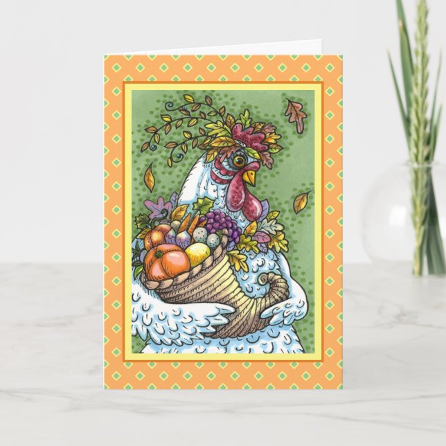 CORNUCOPIA HEN, THANKSGIVING CHICKEN HARVEST HOLIDAY CARD (Front)