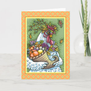 CORNUCOPIA HEN, THANKSGIVING CHICKEN HARVEST HOLIDAY CARD