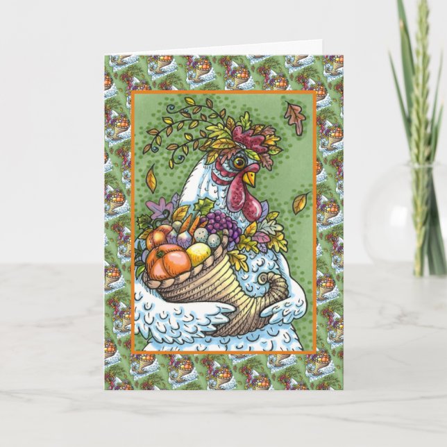 CORNUCOPIA HEN, THANKSGIVING CHICKEN HARVEST HOLIDAY CARD (Front)