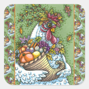 CORNUCOPIA HEN, THANKSGIVING CHICKEN HARVEST SQUARE STICKER