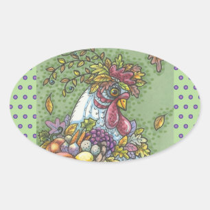 CORNUCOPIA HEN, THANKSGIVING CHICKEN STICKERS Oval
