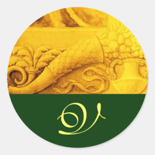 CORNUCOPIA MONOGRAM , bright gold yellow green Classic Round Sticker