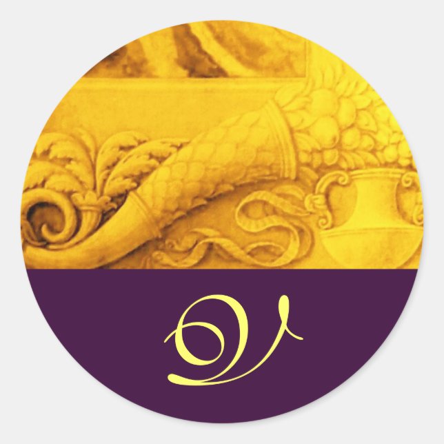 CORNUCOPIA  MONOGRAM , bright gold yellow purple Classic Round Sticker (Front)