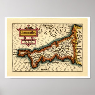 "Cornwaile" Cornwall County Map, England Poster