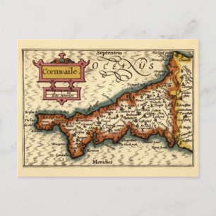 Cornwall, Cornwaile County England Antiquarian Map Postcard