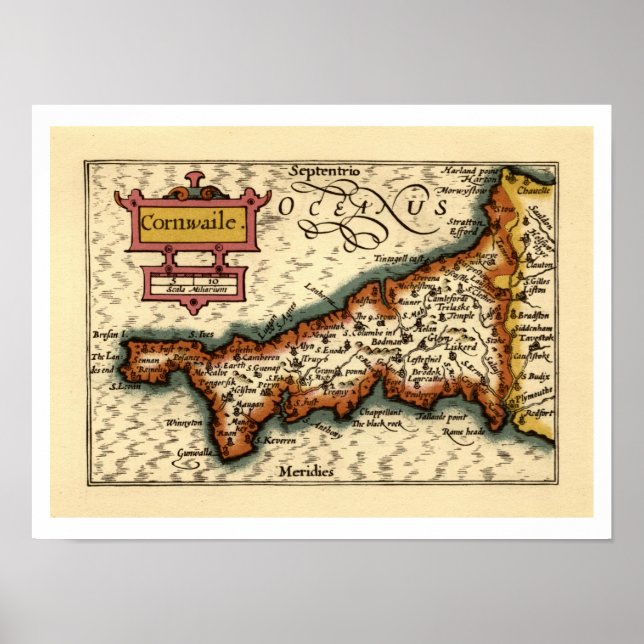 Cornwall, Cornwaile County England Antiquarian Map Poster (Front)