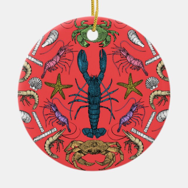 cornwall crustaceans damask pop red ceramic tree decoration (Front)