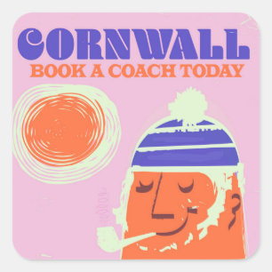 Cornwall fisherman vintage "take a coach" poster square sticker