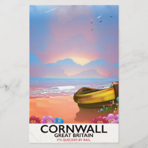 Cornwall fishing boat vintage travel poster stationery