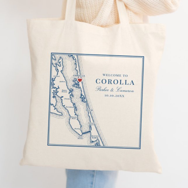 Corolla NC Map Elegant Navy Blue Wedding Tote Bag (Corolla NC Map Wedding Favor Tote Bag Welcome Bag for elegant Navy Blue Outer Banks Wedding )