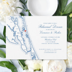 Corolla NC OBX Map Navy Blue Rehearsal Dinner Invitation